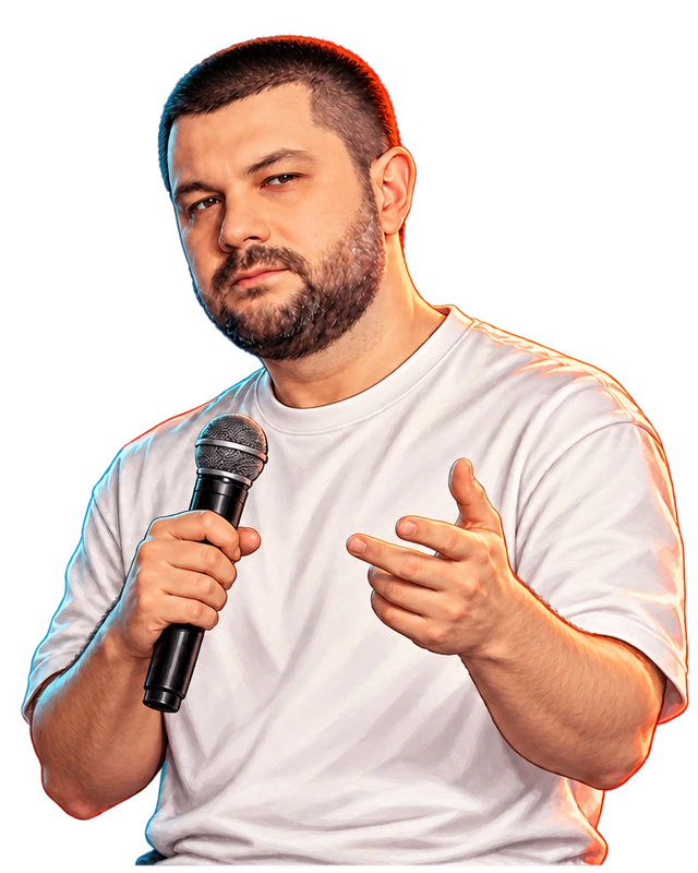 Ilustrovaná postava s krátkymi vlasmi, bradou a mikrofónom