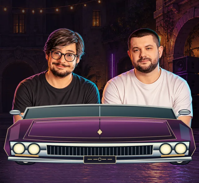 Dve postavy vo fialovom lowrideri